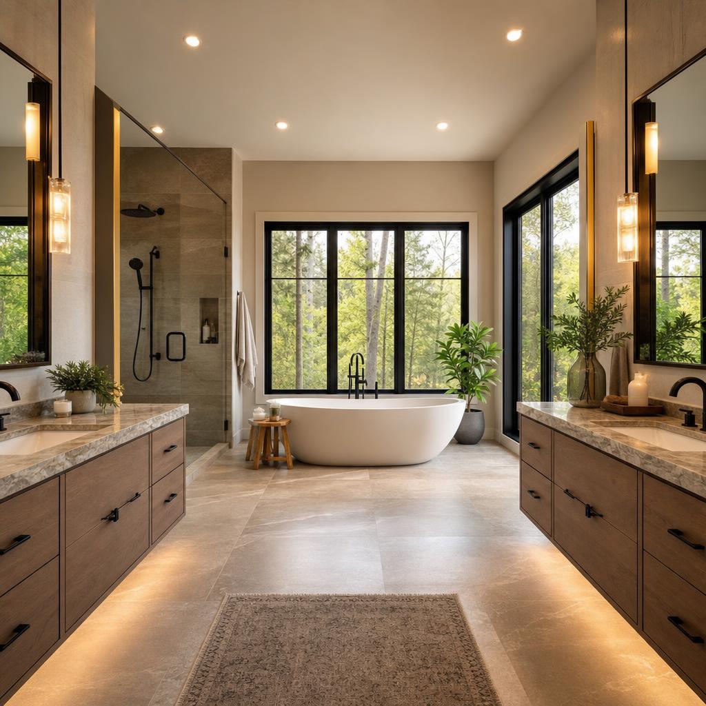Luxury bathroom remodel featuring a freestanding tub and natural stone